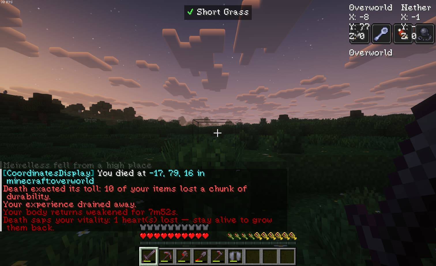 You lose your XP, your items lose durability (they won't break, but they can reach 1 point of durability depending on how much you die without recovering them, so keep that in mind), and you get sick.
