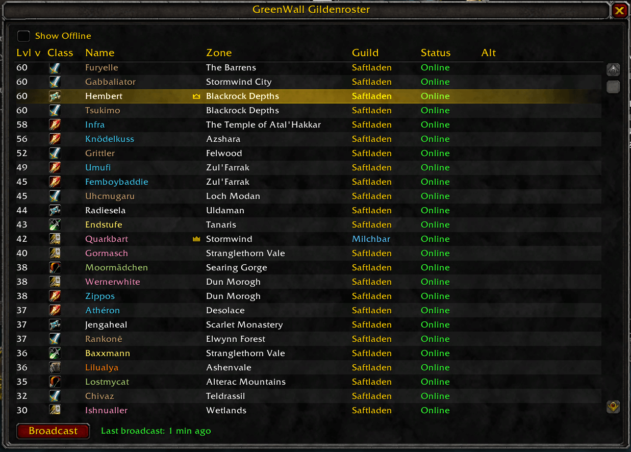 Members from multiple co-guilds (Saftladen, Milchbar) shown together in one sortable list, with level, class, zone, guild, and online status at a glance.