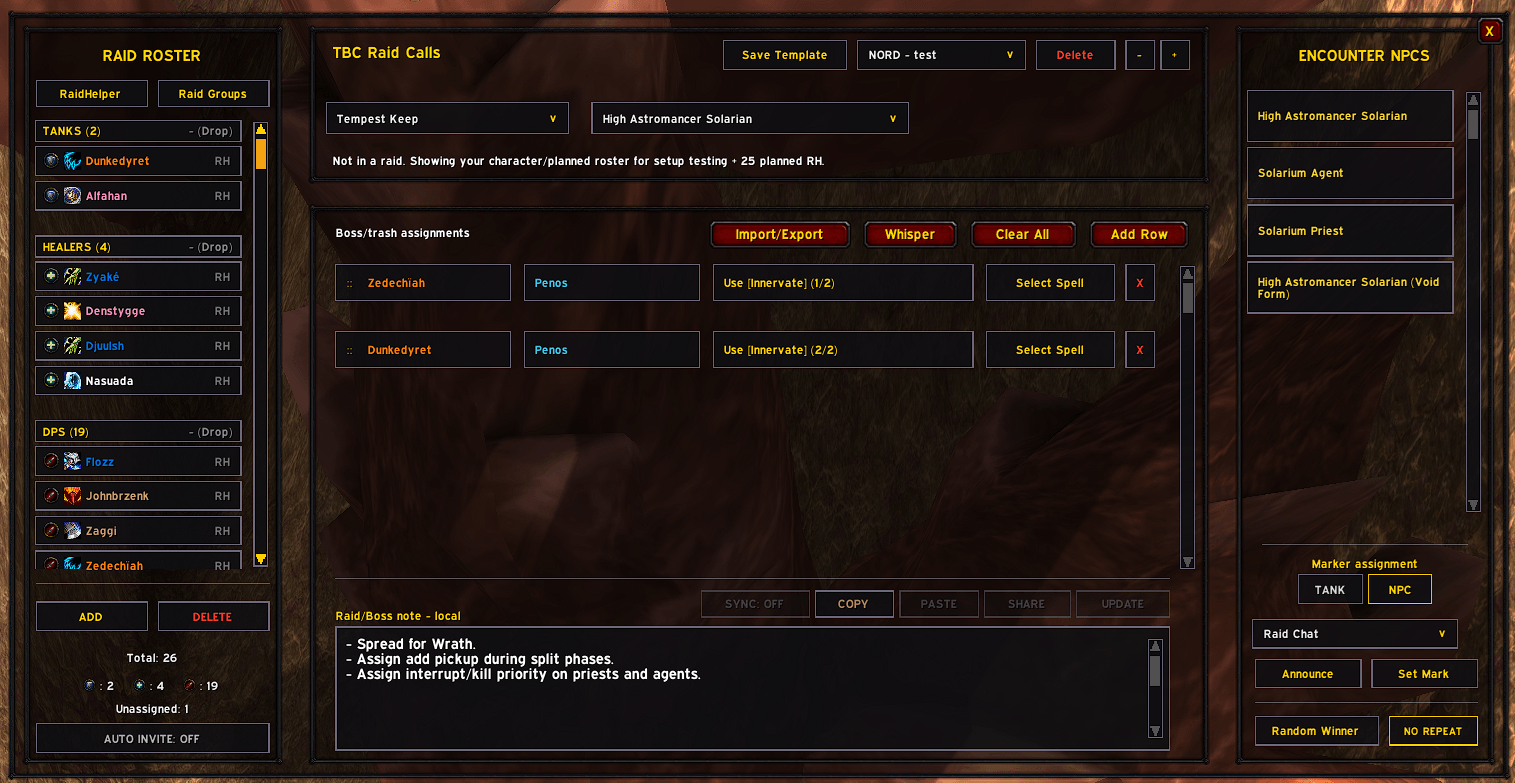 Main TBC Raid Calls interface with raid roster, boss assignment rows, custom callouts, encounter NPC targets, raid notes, marker controls, and announcement buttons.