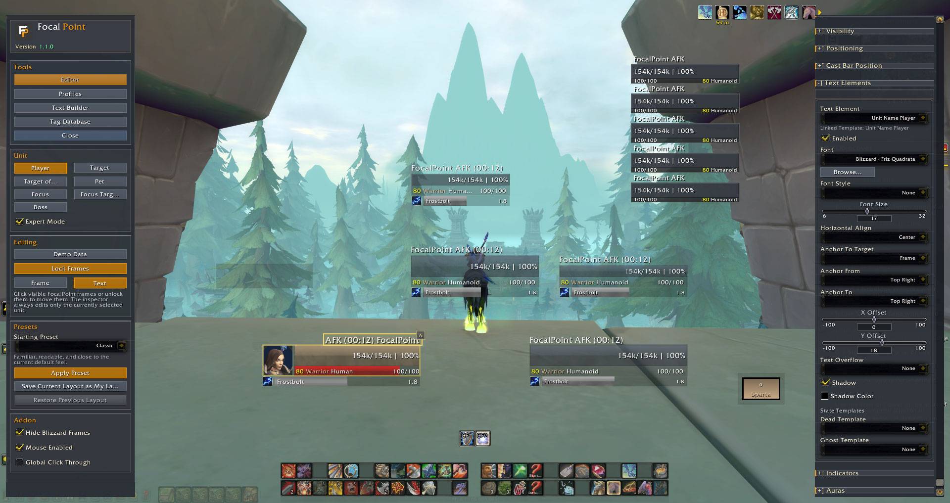 Select, move, anchor, and resize text directly on the unit frame.