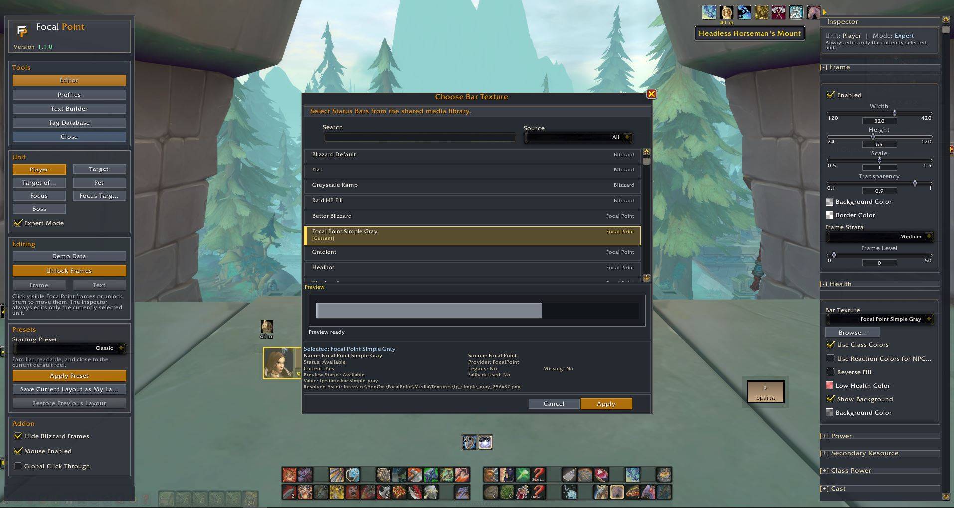 Search, preview, and apply bar textures directly to the selected unit-frame element.