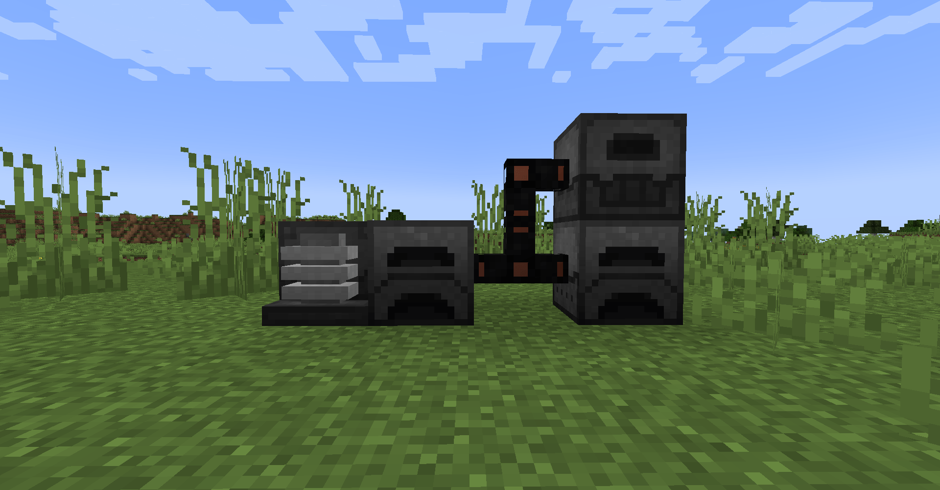 4 available devices: a generator (center), a crusher (to the right of the cable), an electric furnace (above the crusher), and a mechanical sinterer (to the left of the generator).