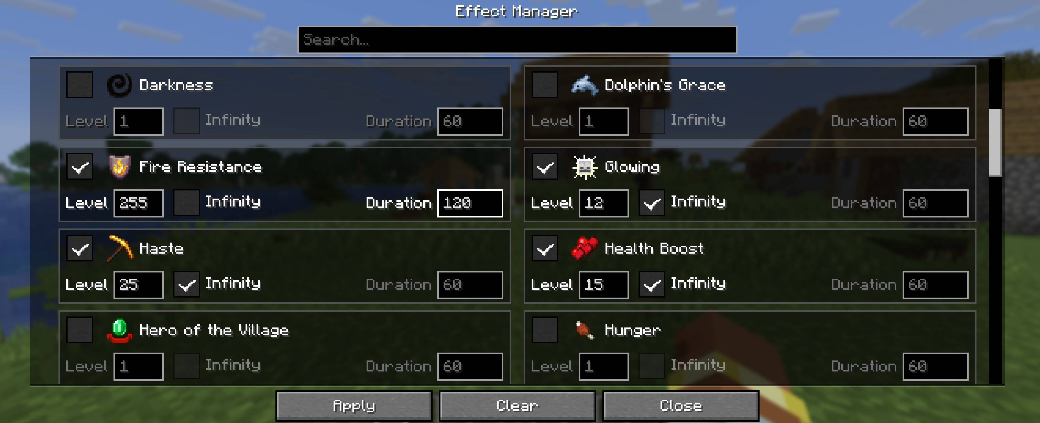 Select multiple status effects, set levels, choose timed or Infinity mode, and apply them instantly.
