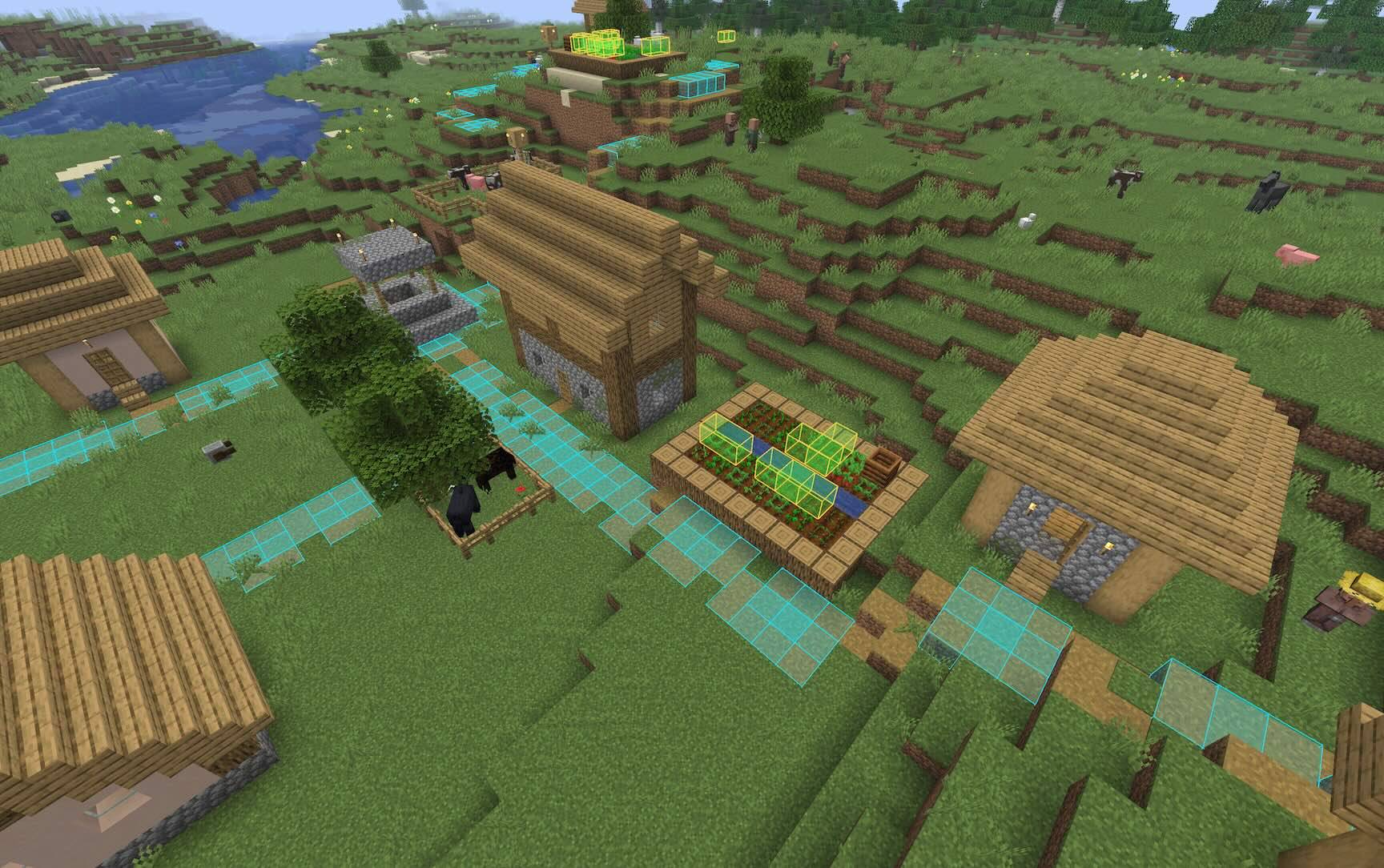 A village with 2x2 `dirt_path` squares highlighted, as well as carrots-beside-carrots