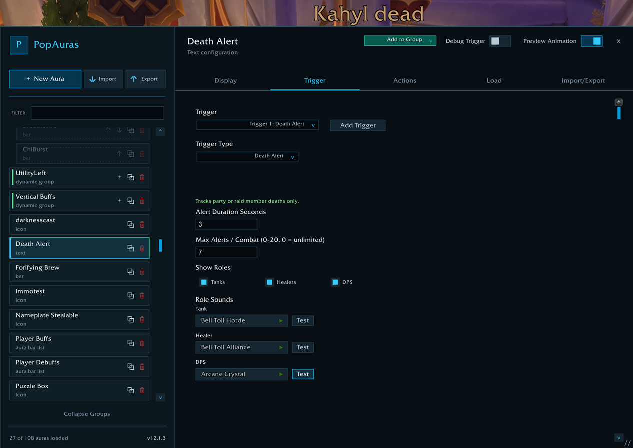 Thumbnail New UI in 12.1.3 showing death alert configuration. Includes the ability to play custom sounds depending on the players role.