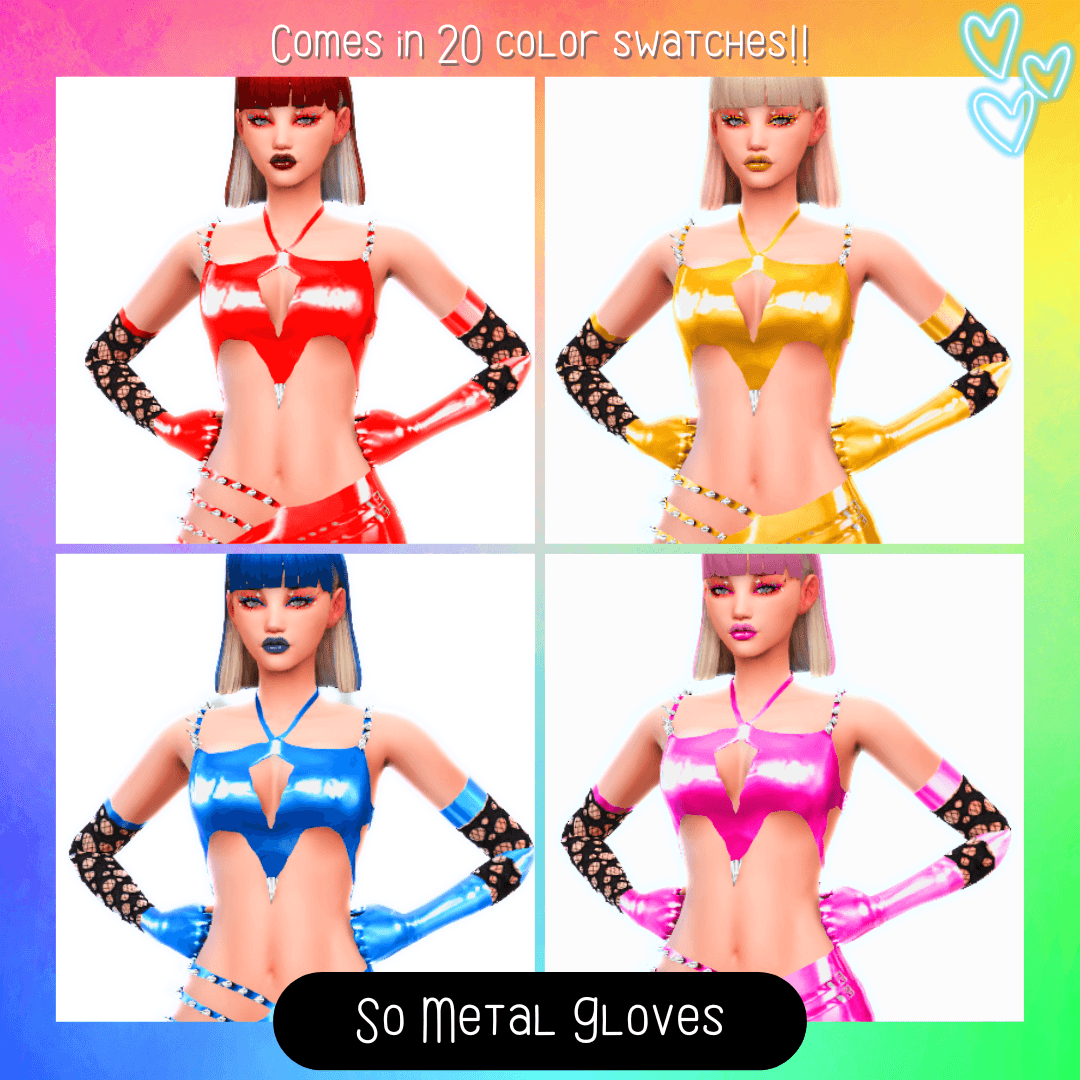 A pair of latex and fishnet gloves for your fierce Sims that comes in 20 color swatches!