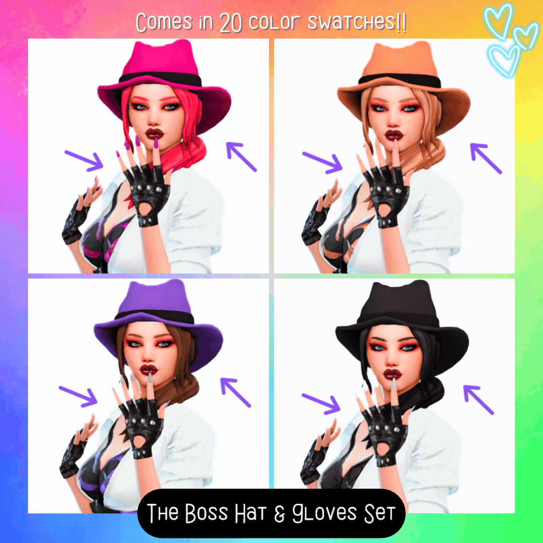 A bold hat‑and‑gloves set for your dastardly Sims that comes in 20 color swatches!