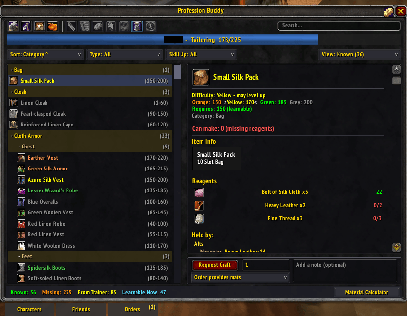 Thumbnail See friends' professions and materials and place crafting orders
