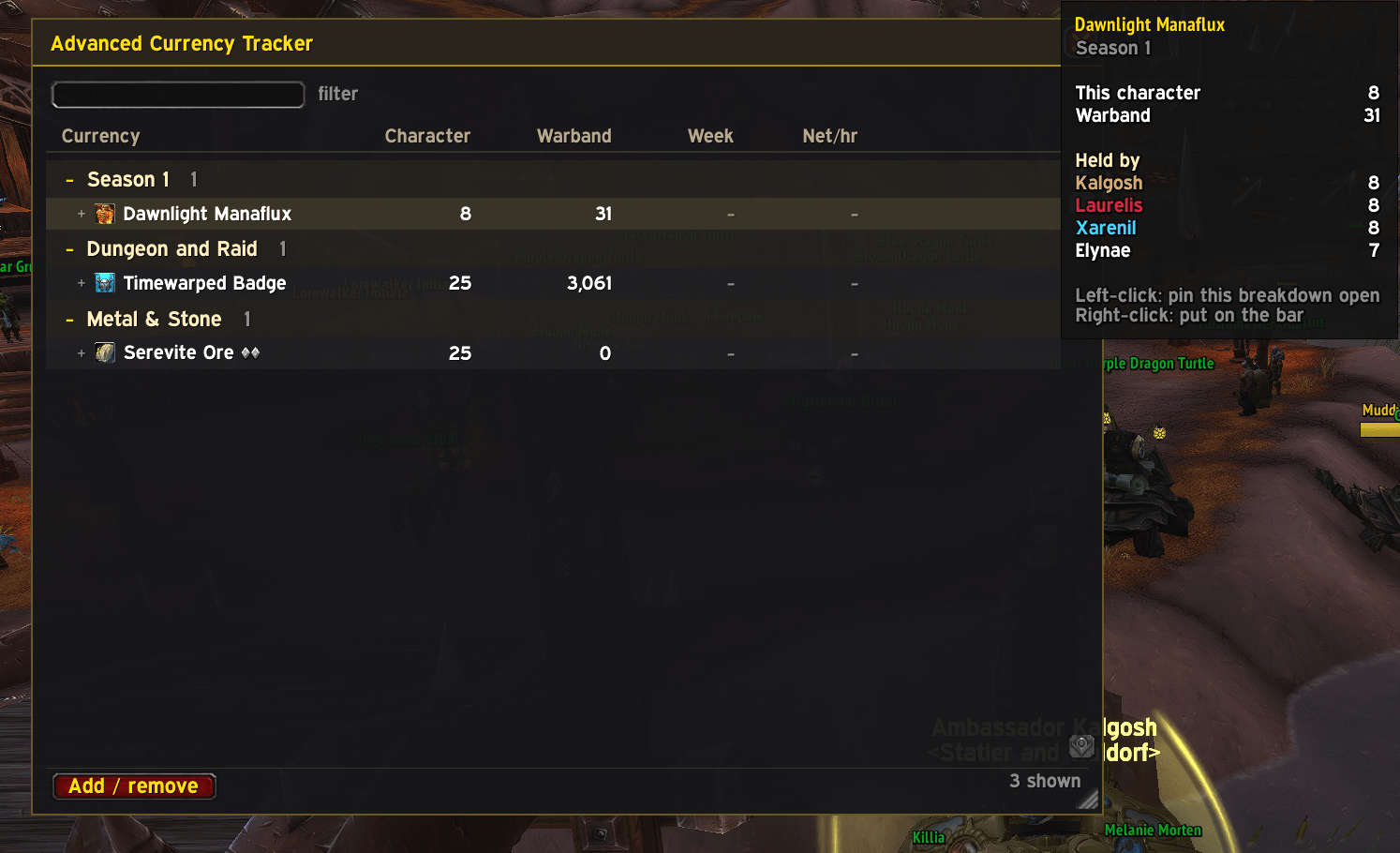 View all your chosen currencies/items with character, warband, weekly caps and hourly rates