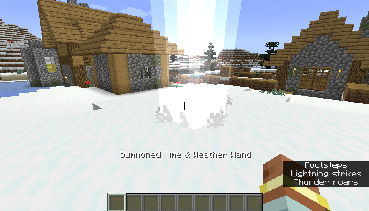 Press the configurable summon key to call the Time & Weather Wand down from the sky with thunder, lightning, and magical particles.