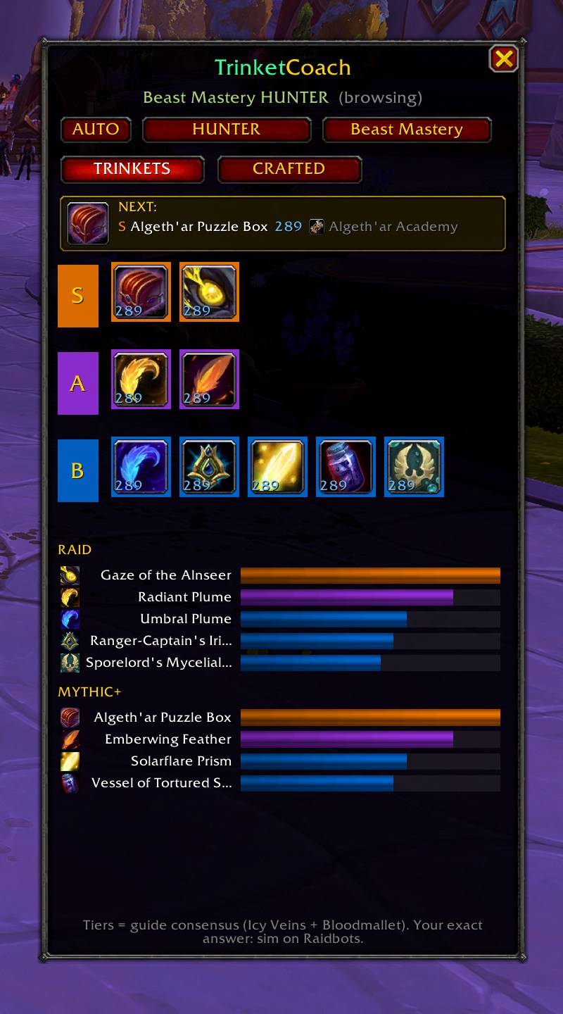Browse any class and spec: S/A/B/C tier grid with collected checkmarks and max item level, plus the ranking graph split into Raid and Mythic+ - so you know what to chase in the content you play tonight.