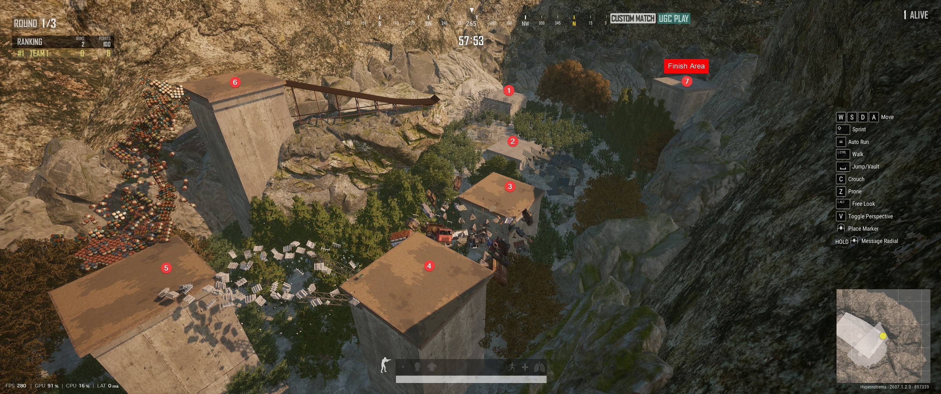 Marked Checkpoints
Each numbered mark in this image is a checkpoint area where you will respawn once you reach it. This checkpoint persists through death.
