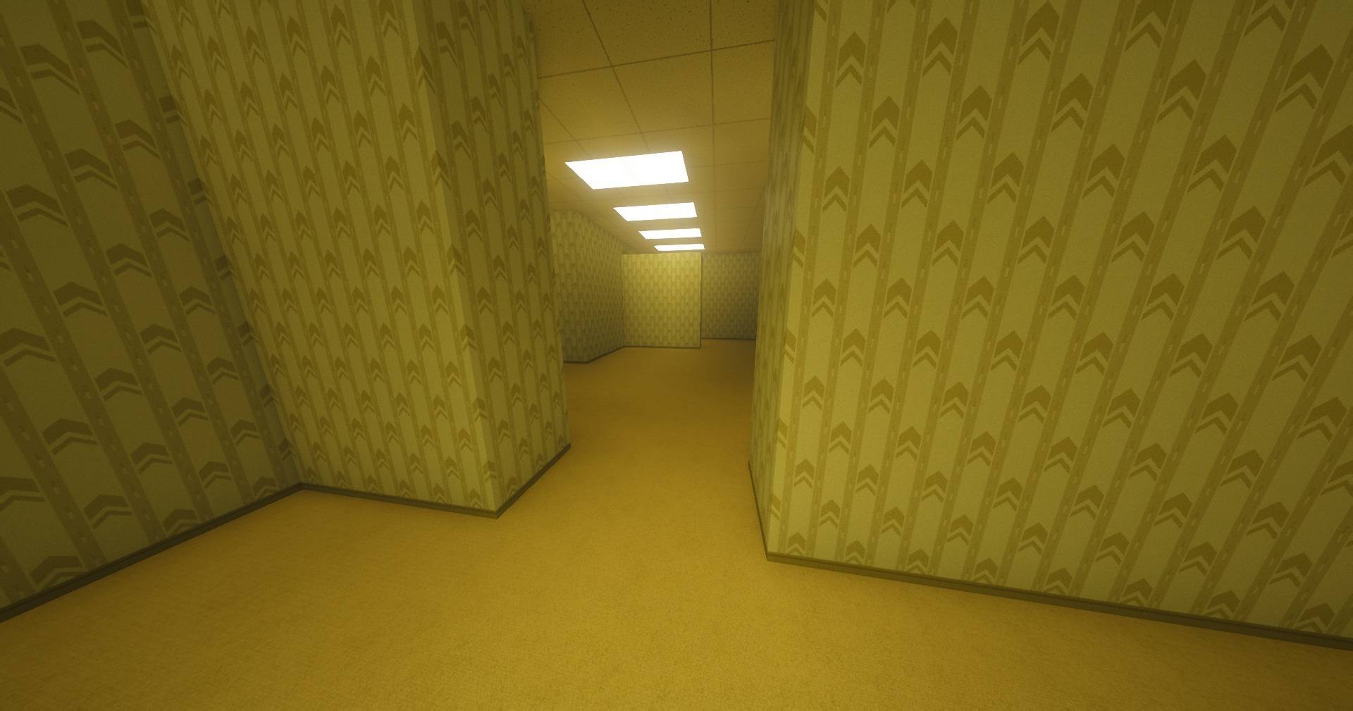 The OG backrooms image, recreated in Minecraft. Taken with Complimentary Unbound Shaders