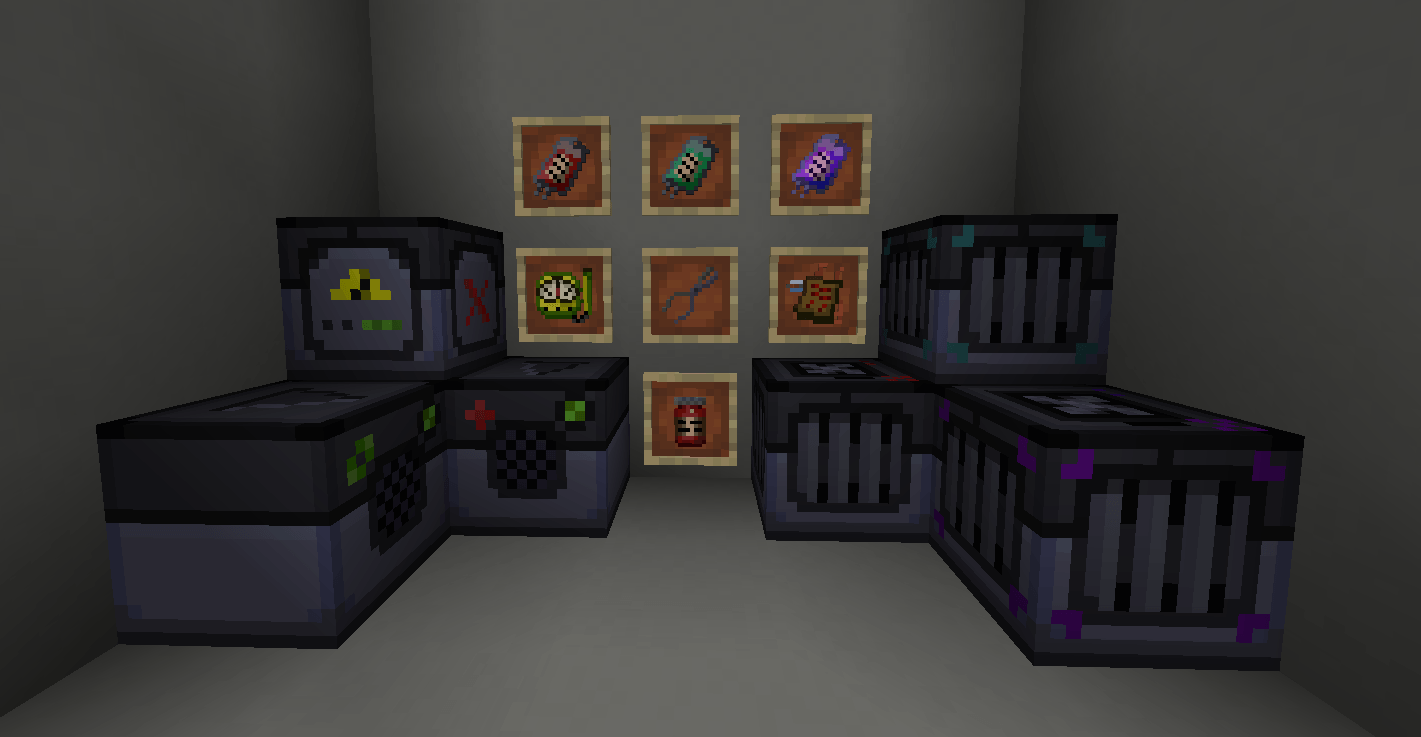 These are the Dev textures, an internal resource pack for usage. Blocks are detectors (redstone), decontaminators and absorbers, the decon and absorbers need a power mod for them to work.
