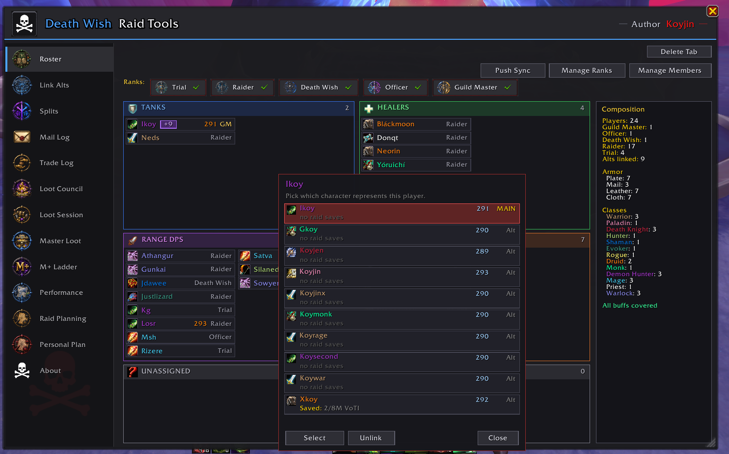 Thumbnail easy interface to see raiders alts to help with rerolls.