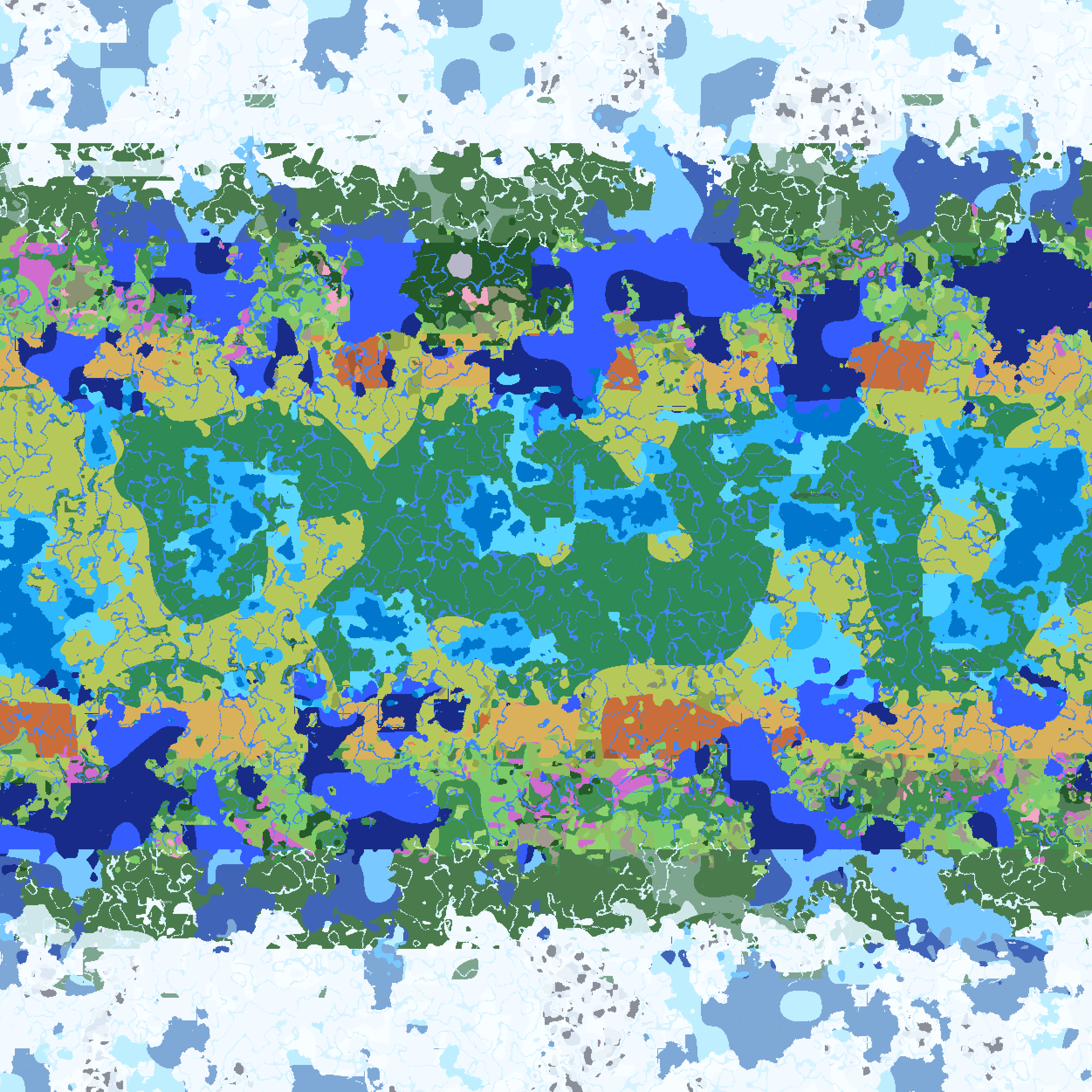 Latitude 1.5: A global view of deterministic climate banding, showing the natural transition from equatorial tropics to polar tundras across a single world seed. Generated with Latitude's internal Atlas Viewer tooling.