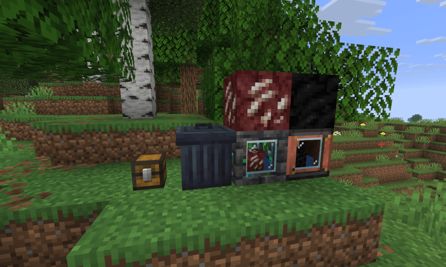 Mini Chest with one slot, a Trash Can that voids items and holds 1 item type and 2 Special Generators that generate Ores and Metal Blocks