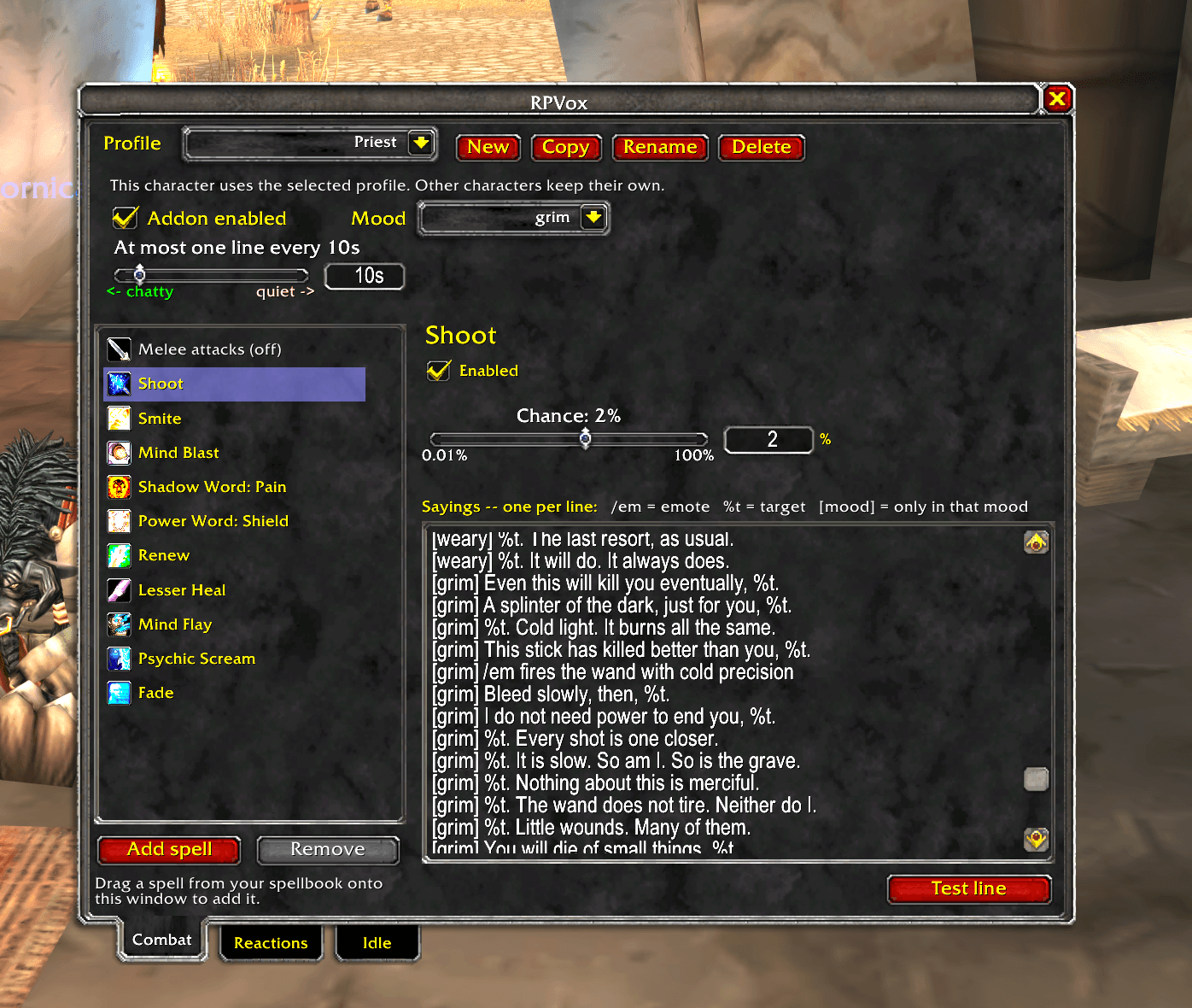 Priest combat tab with grim mood selected.
