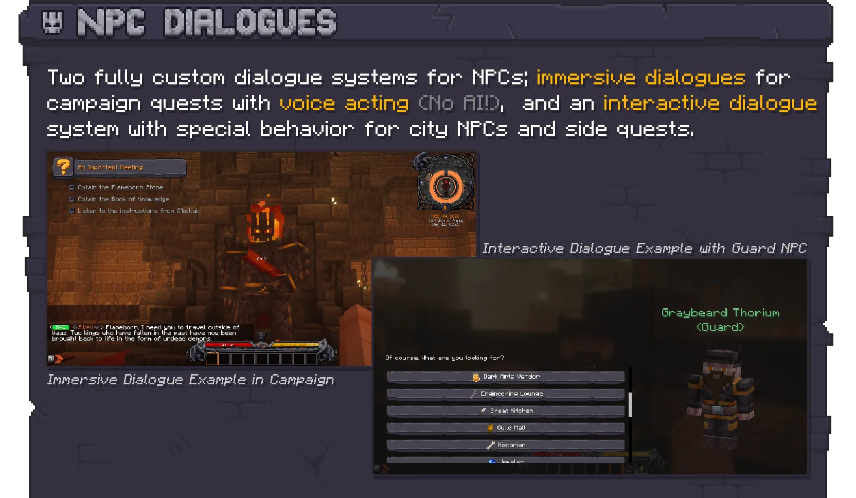 Showcase of the dialogue systems with voice acting and interactive dialogues.