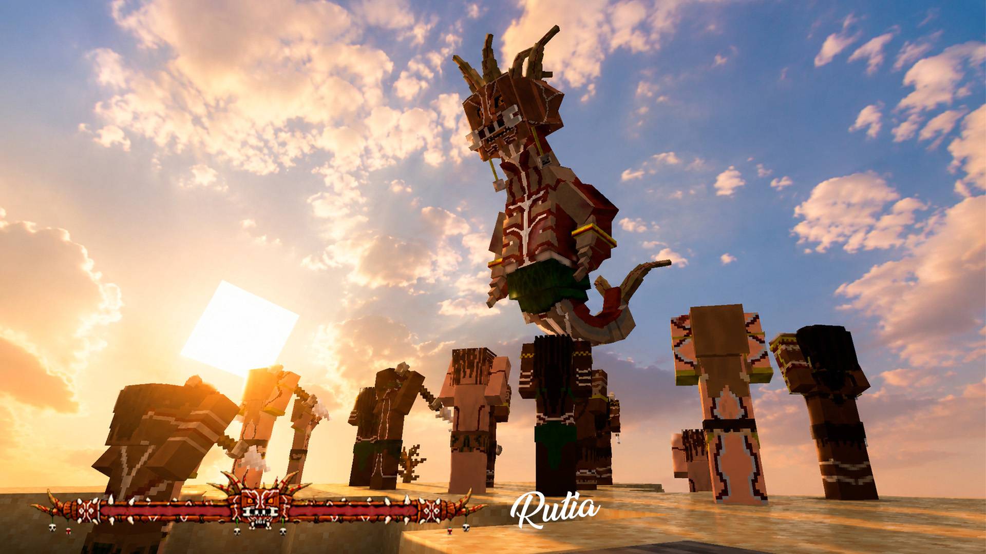 Rutia is the god of the cannibals, and can be summoned using blood, netherrack, skulls, candles, and Human Meat.