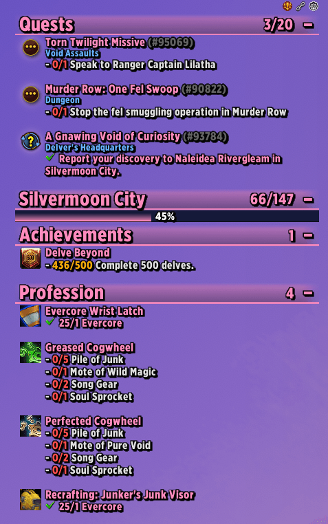 Thumbnail See your Quest Completion (mine is 66/147) for each zone. Attach it to your Tracker, or use a floatable bar