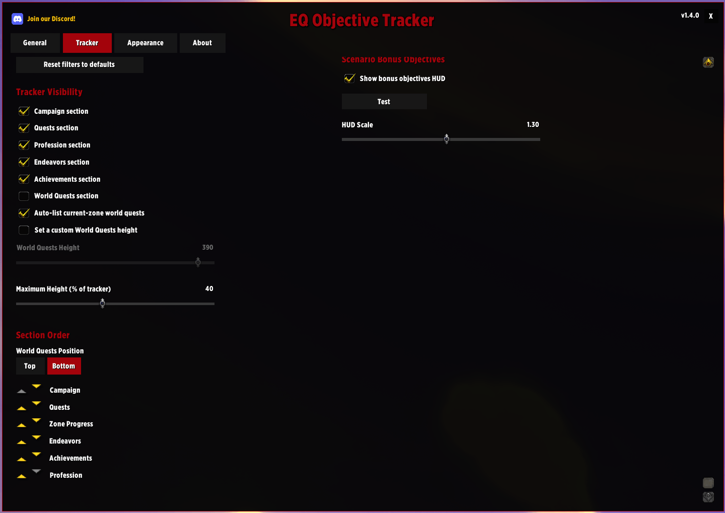 Thumbnail This is where you set what you want to see on the tracker, and how you want to see it. Want the World Quests on the top? Select "Top" and World Quests will move to the top of the tracker