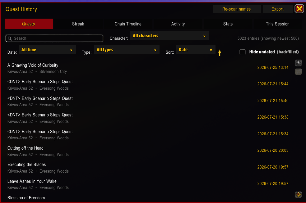 Thumbnail After clicking Quest History in the main options window, this is a separate pop up giving you all the details you need for quests you have already ran