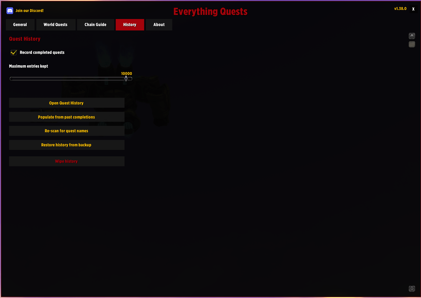 Thumbnail Set up your Quest History here, or turn it off altogether. You also open a separate Quest History window here too.
This is also where you scan for your old quest history. Just a note, older quests will not have a date as WoW's API does not keep track