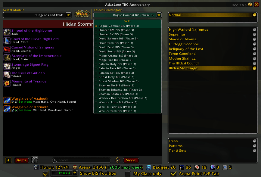 Main UI of AtlasLoot TBC Anniversary, including Loot Tables for all Raids and Dungeons, BiS(Best-in-Slot) lists for all Classes & Specs and Currency Tracker for all gear related currencies & tooltip data toggle for all Phases!