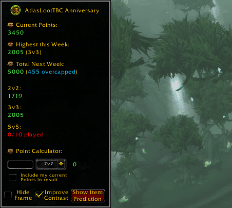 Most advanced arena calculator in the game to date, displays your exact weekly points(no estimate!) from all brackets, includes a manual-input calculator, overcap indicator & item prediction engine wich calculates how many resets it will take to buy.