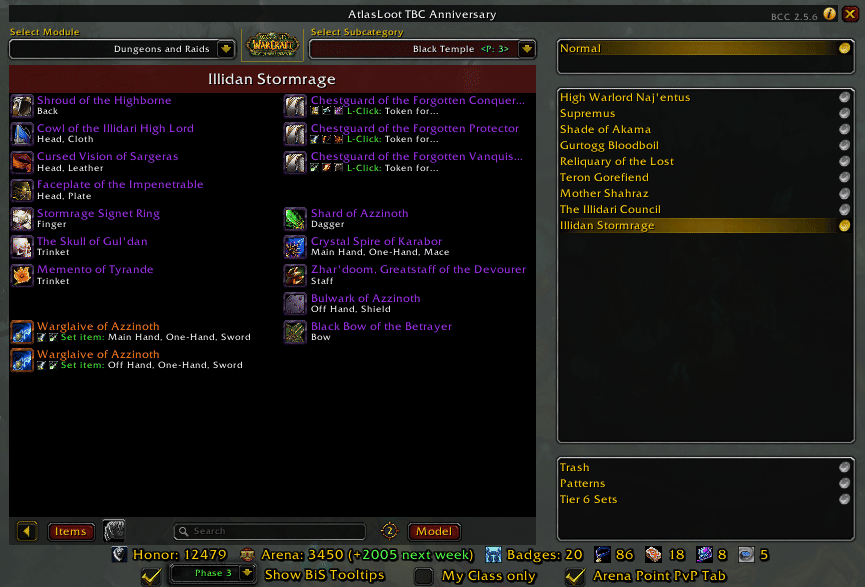 Main UI of AtlasLoot TBC Anniversary, including Loot Tables for all Raids and Dungeons, BiS lists for all Classes & Specs and Currency Tracker for all gear related currencies.
