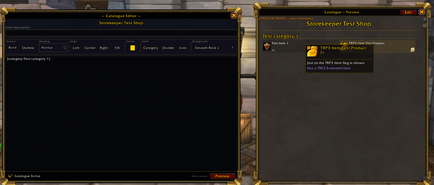 Catalogue editor in action, category shows created items.