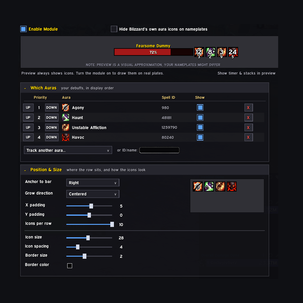 Thumbnail If you want, it has options for Aura Icons of its own (fully customizable)