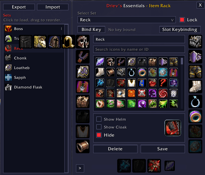 The sets manager of the itemrack feature