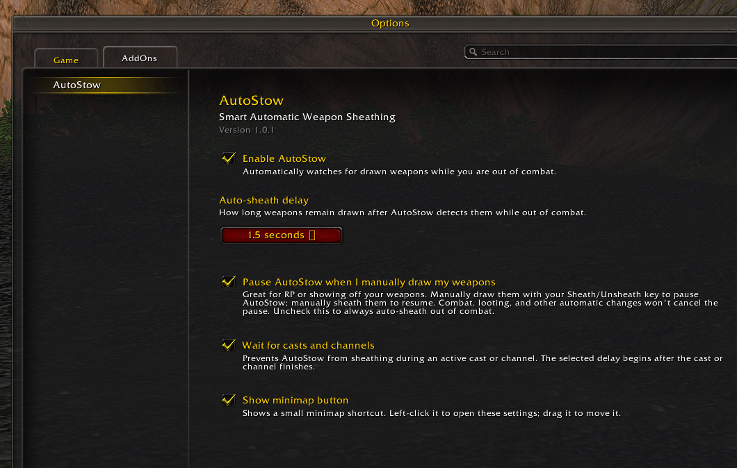 AutoStow settings panel.