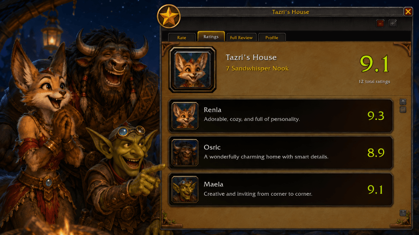 Vulpera Female, Tauren Male and Goblin Male - RateMyHouse - World of Warcraft