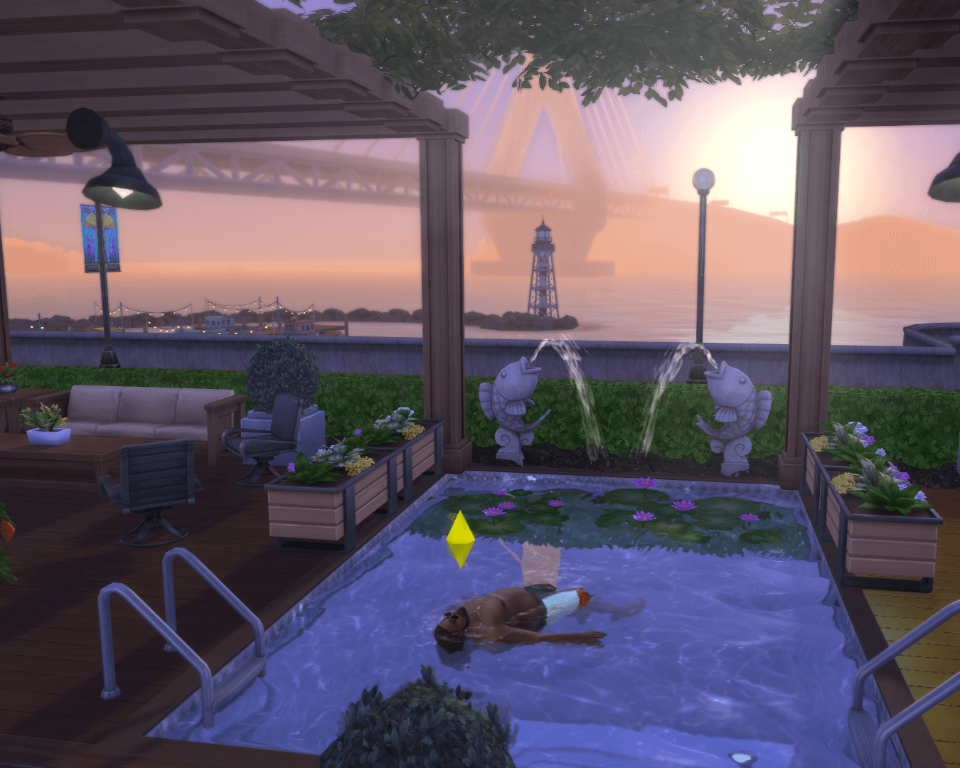 A view of a sim relaxing in the pool while the sun is setting in the distance behind the San Sequoia Bridge!
