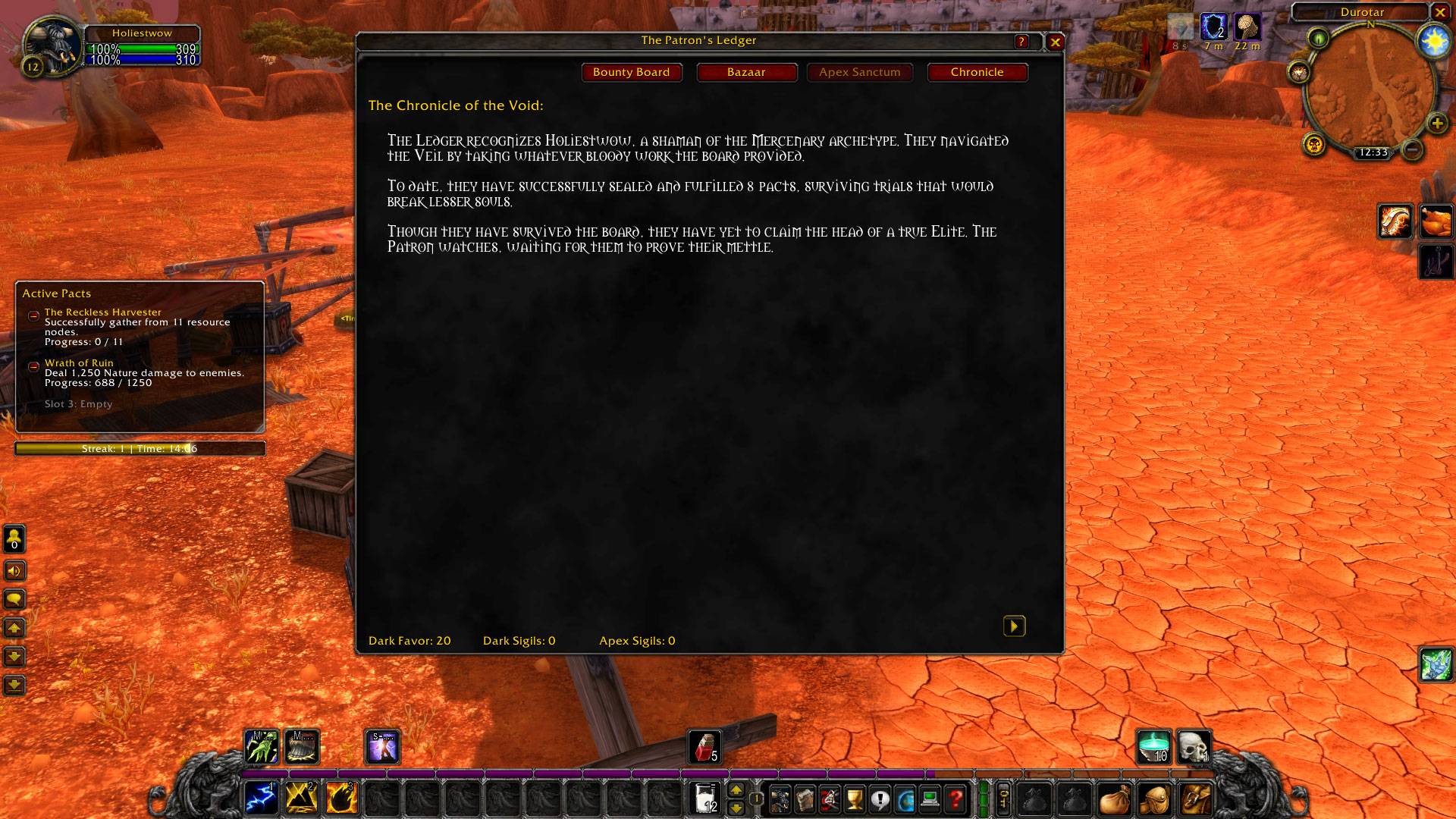 Showing the character's chronicle, which is a customized story that is generated for the character based on the pacts you are choosing to do.