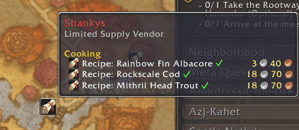 Thumbnail Icon tooltips to view which recipes a vendor sells , how much it will cost and weather you have collected it or not.