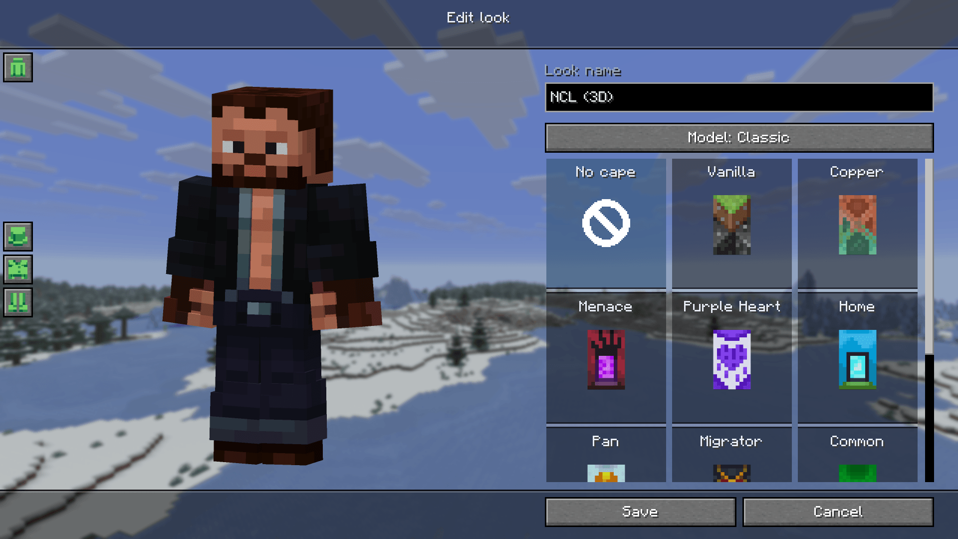 Thumbnail Customize the skin, Classic or Slim model, Cape or Elytra, and individual Second layer parts before saving
