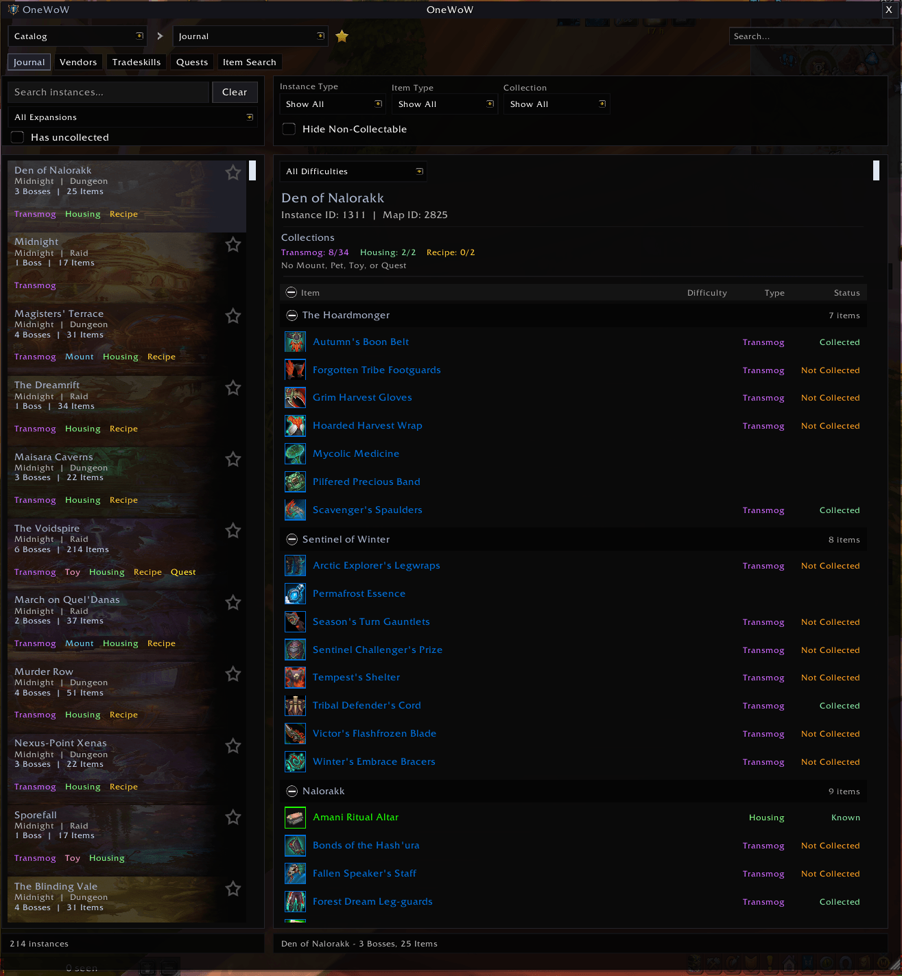 Catalog's journal gives you quick access to dungeons and raids including drops.