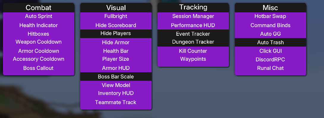 Runal's main menu, opened with Right Shift or Left Alt. Modules are organized into four categories, Combat, Visual, Tracking, and Misc. Left-click a module to toggle it on/off, right-click to expand its settings.