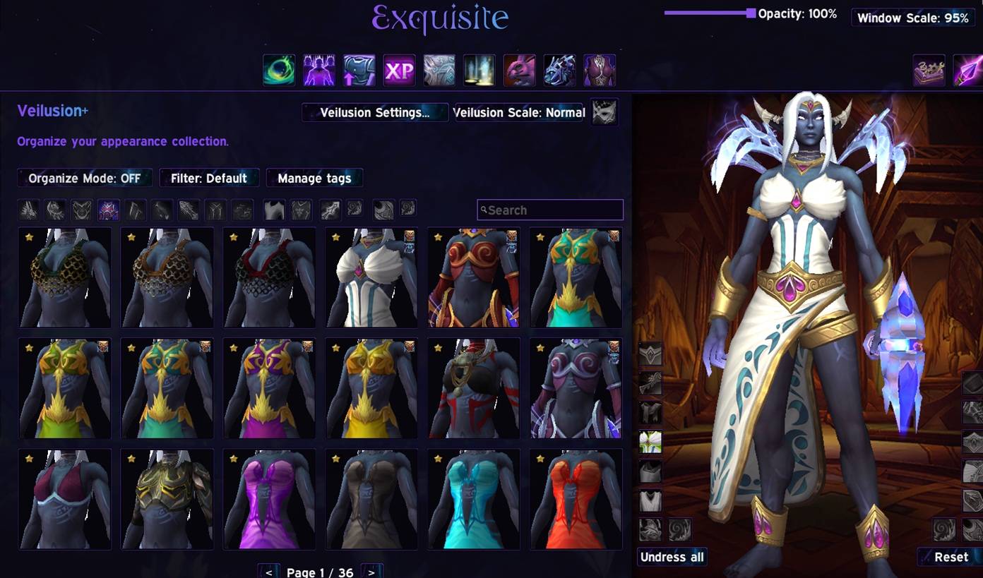 Get Exquisite for a full appearance window that even lets you browse gear your class cant wear! Quickly organize things and pair it with Exquisite's other fun features.