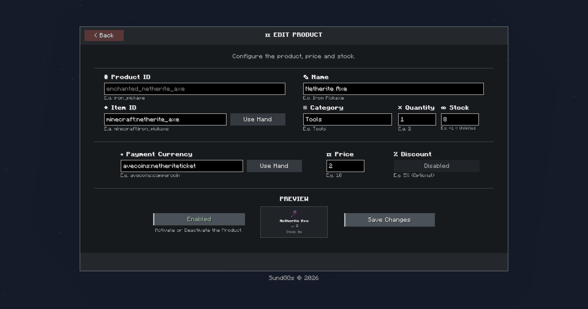 Create and edit shop products, configure their prices and discounts, and preview how they will appear to players before publishing them.