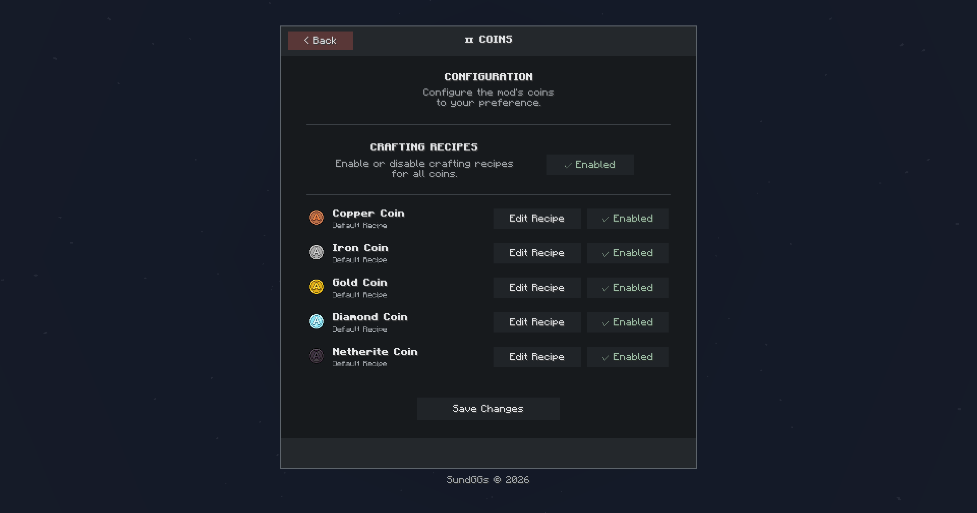 Enable or disable the default coins and tickets recipes.