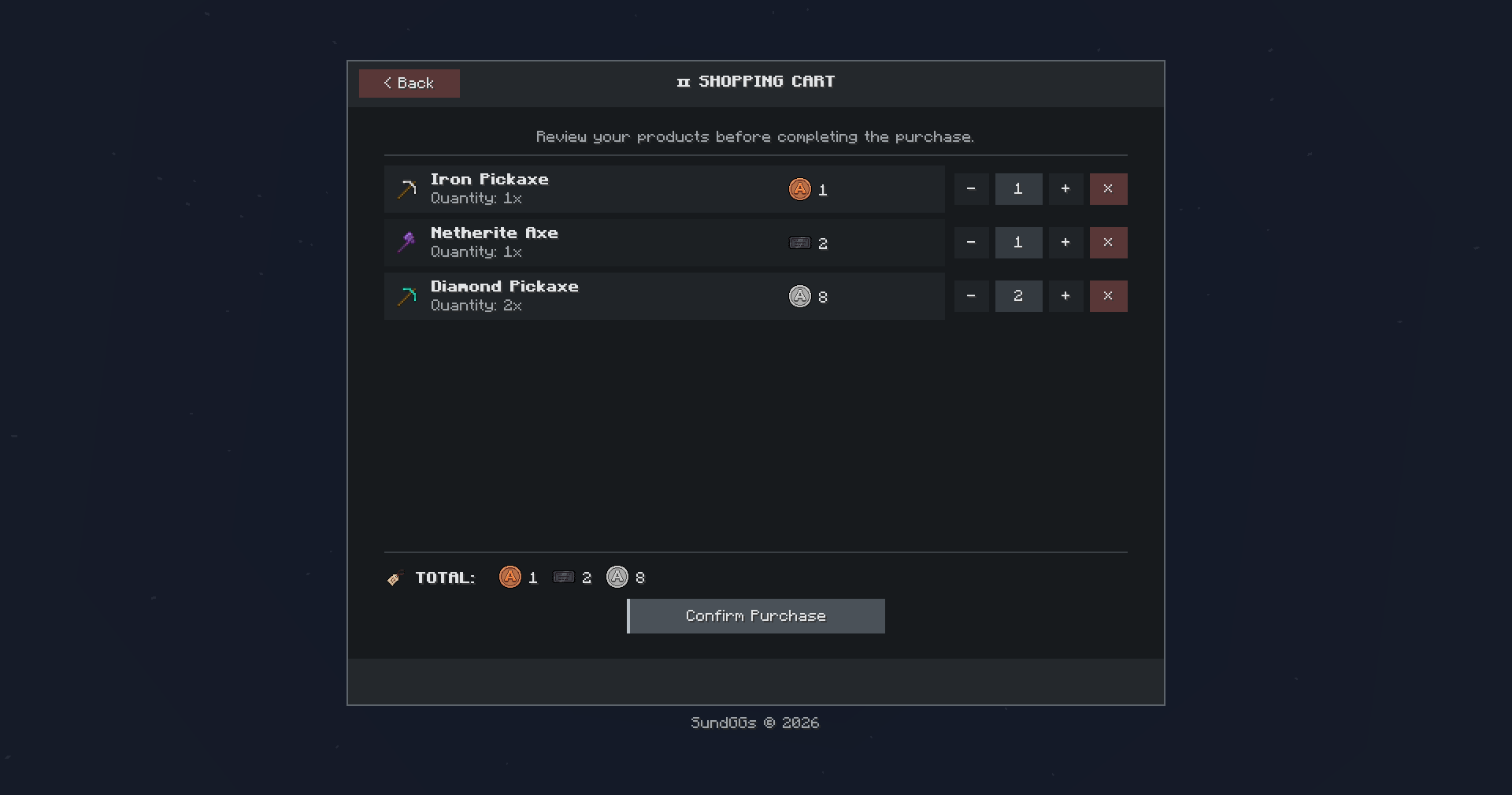 Review selected products before completing a purchase. Players can easily add or remove items, check their order, and confirm everything directly from the cart.