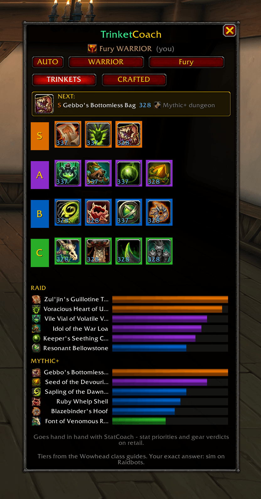 Browse any class and spec: S/A/B/C tier grid with collected checkmarks and max item level, plus the ranking graph split into Raid and Mythic+ - so you know what to chase in the content you play tonight.