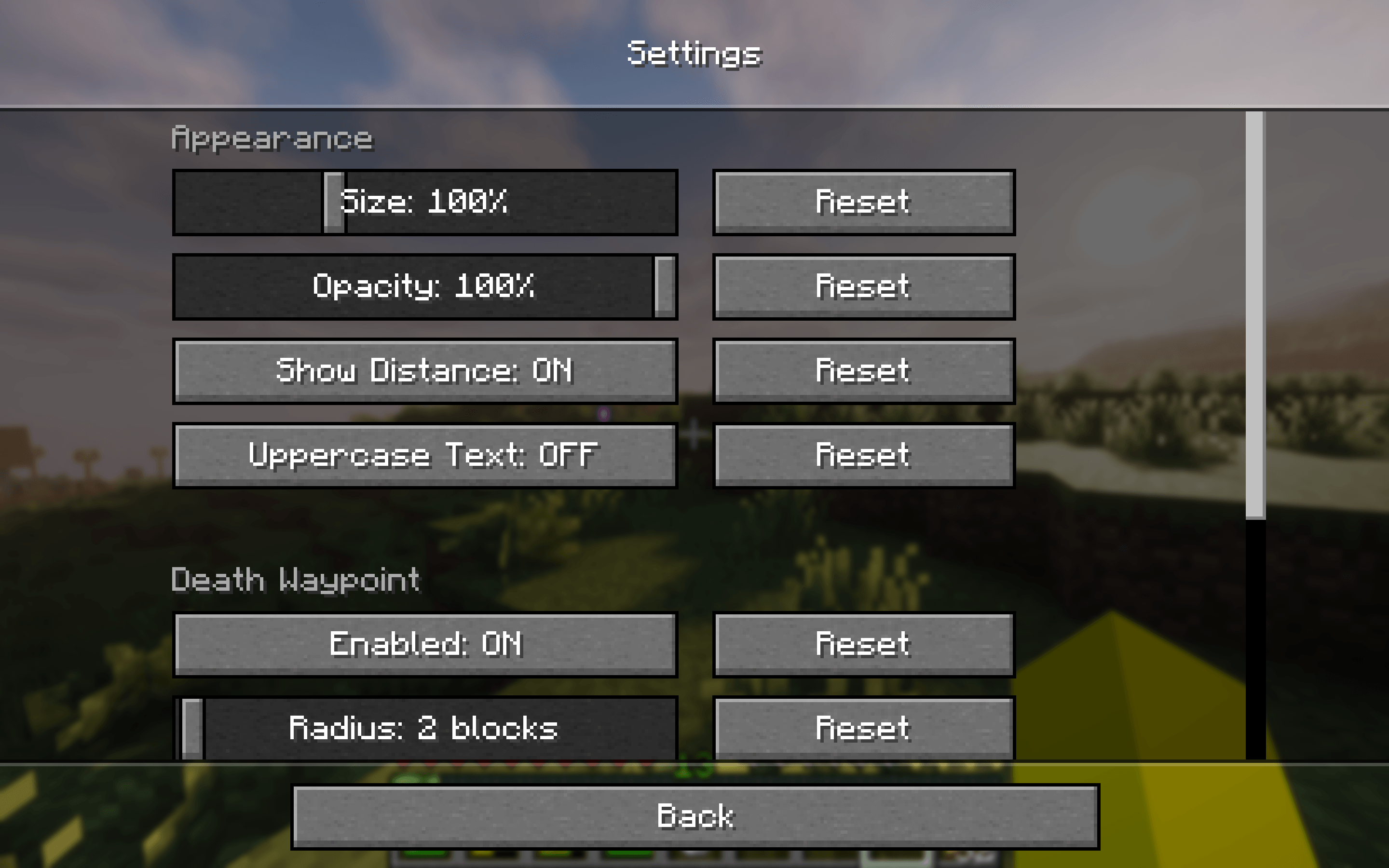 The mod's settings menu, showing sliders for marker size and opacity, toggles for label options, and death waypoint settings, each with its own reset button.