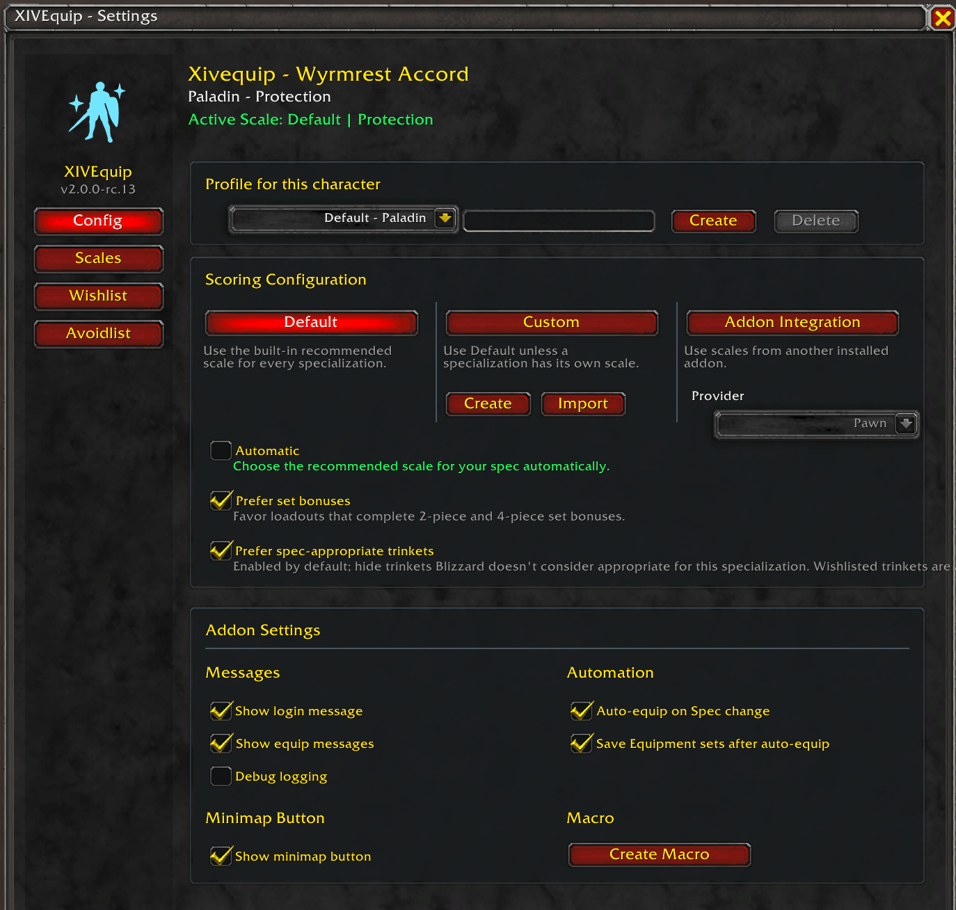 XIVEquip profile and automation settings