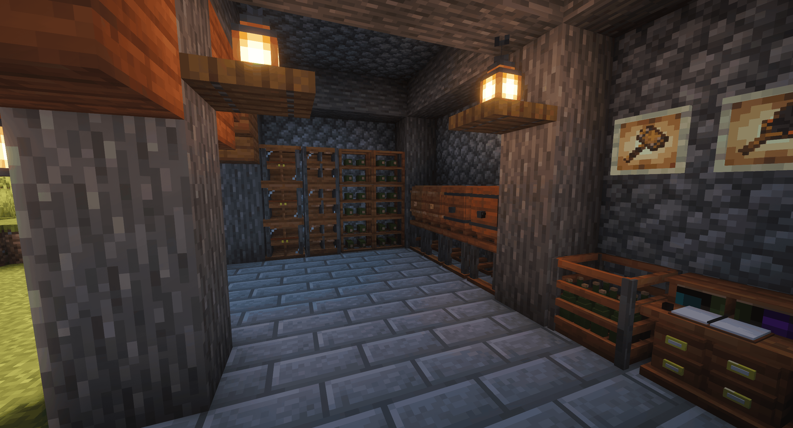 Racks, crates, shelves, cabinets, and cellar storage in use.
